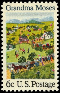 "GrandmaMosesStamp1969" by Bureau of Engraving and Printing - U.S. Post Office; Smithsonian National Postal Museum; Image enlarged and rendered for tone, clarity by Gwillhickers. Licensed under Public Domain via Commons - https://commons.wikimedia.org/wiki/File:GrandmaMosesStamp1969.jpg#/media/File:GrandmaMosesStamp1969.jpg